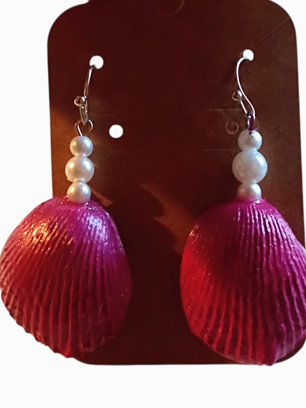 Pink Polymer Clay Shell Drop Earrings with Pearl Accents